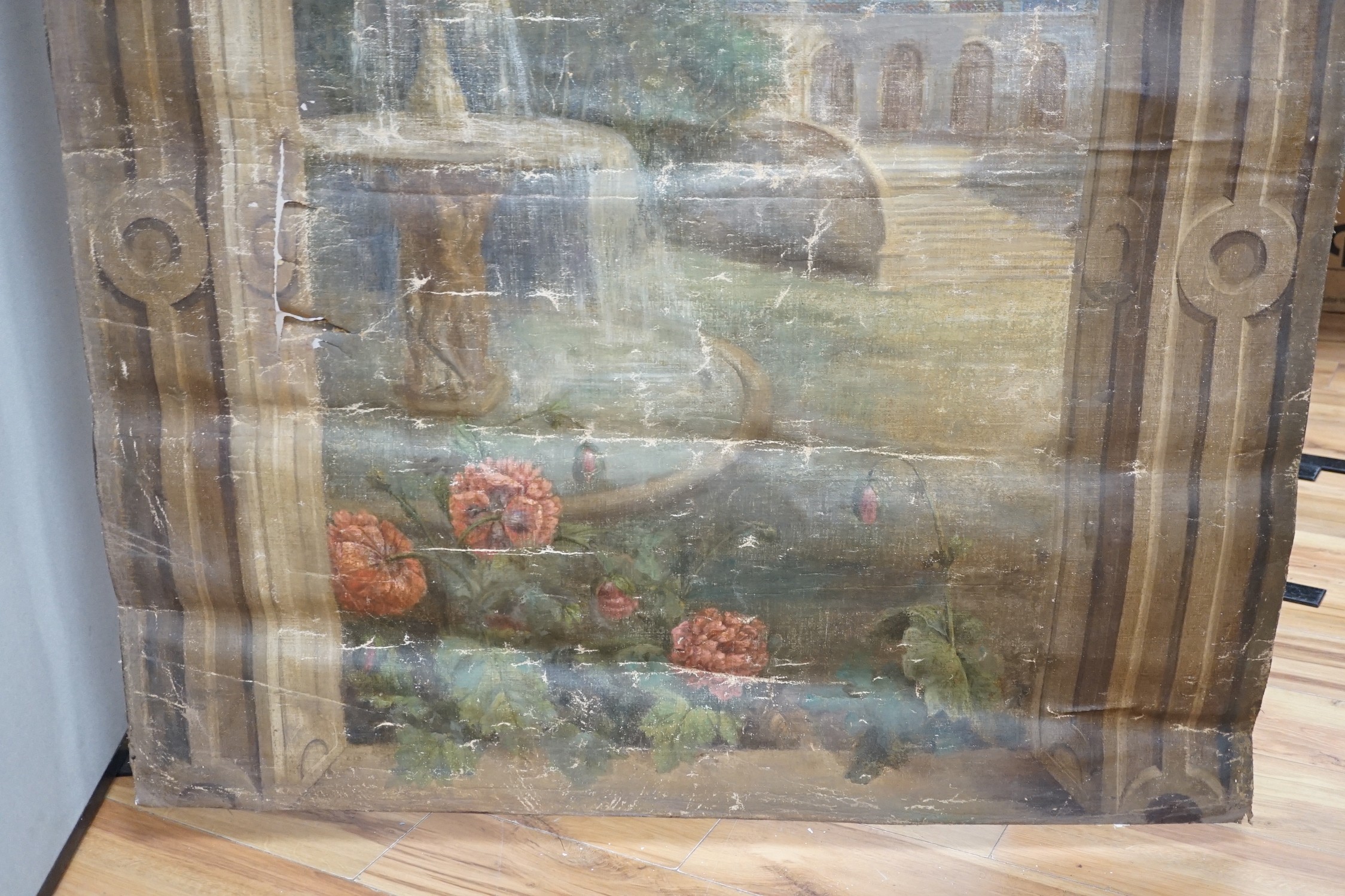English School c.1900, set of six unstretched oils on canvas, Italianate landscapes painted for murals to be inset into arched niches, approximately 184 x 110cm